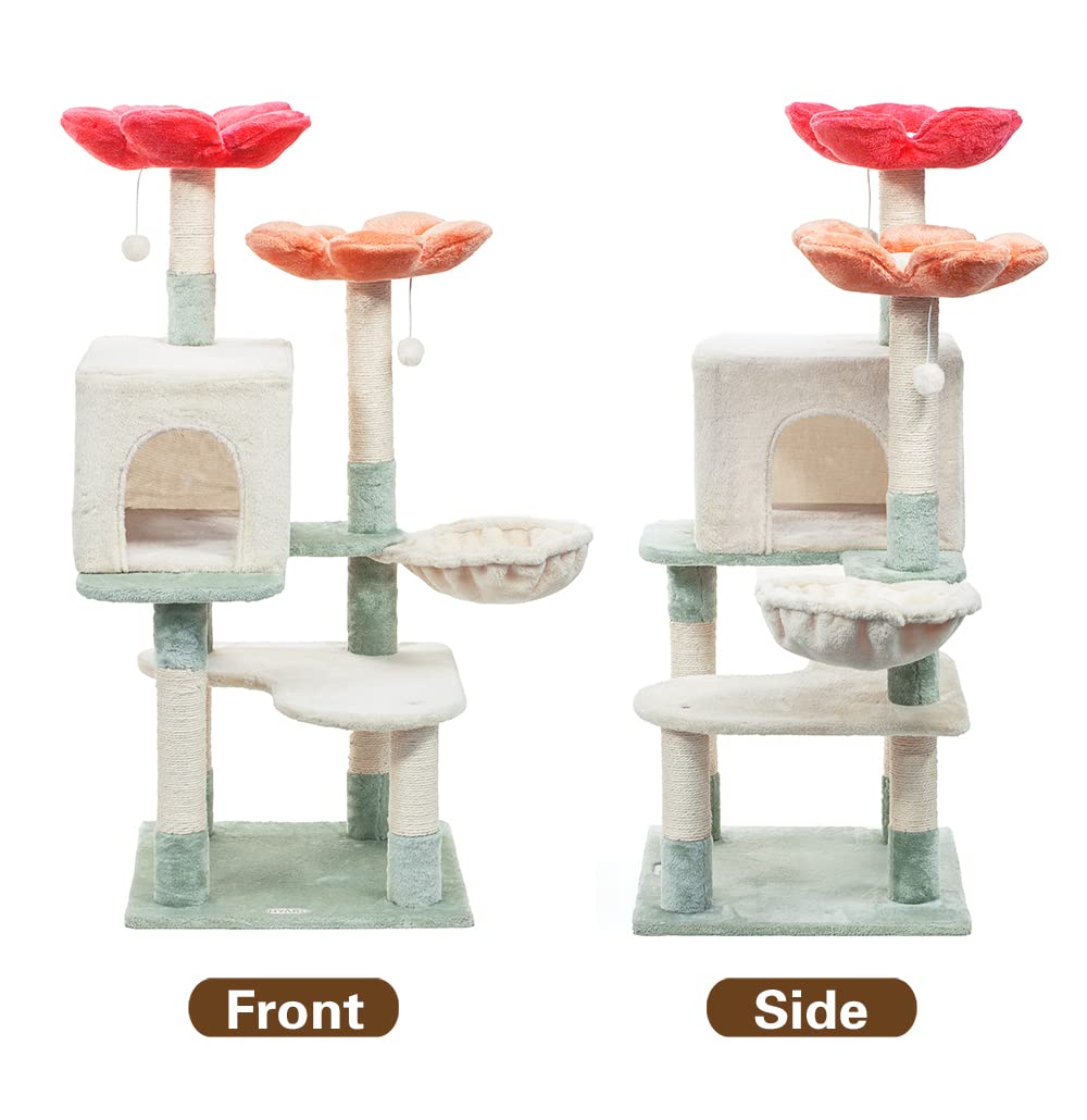 Hyabi 48 Inch Modern Cat Tree Tower With Hanging Basket & Flower Design - Multi-Level Cat Furniture With Plush Perches, Scratch Posts, Toy Balls - Stylish Indoor Playhouse For Cats & Kittens