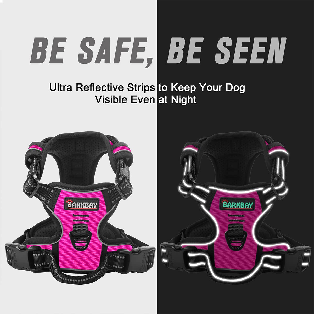 Barkbay No Pull Dog Harness Front Clip Heavy Duty Reflective Easy Control Handle For Large Dog Walking(Pink,M)