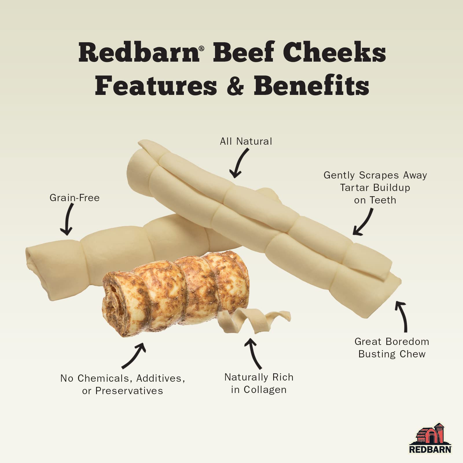 Redbarn Pet Products All-Natural Large Beef Cheek Rolls for Dogs, Uncoated - Single Ingredient Grain-Free Chew Treat Naturally R