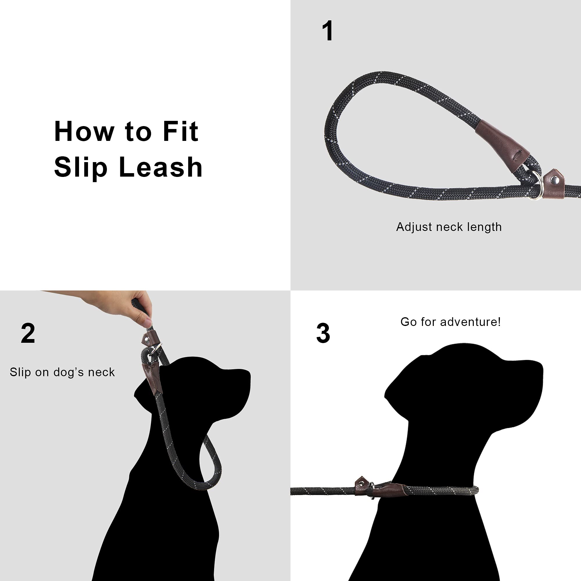 Twoear Dog Leash Dog Slip Rope Leash 6Ft Dog Training Leash Heavy Duty Strong Slip Lead Highly Reflective Threads For Small Medium And Large Dogs (Slim(3/8''X6Ft), Black)