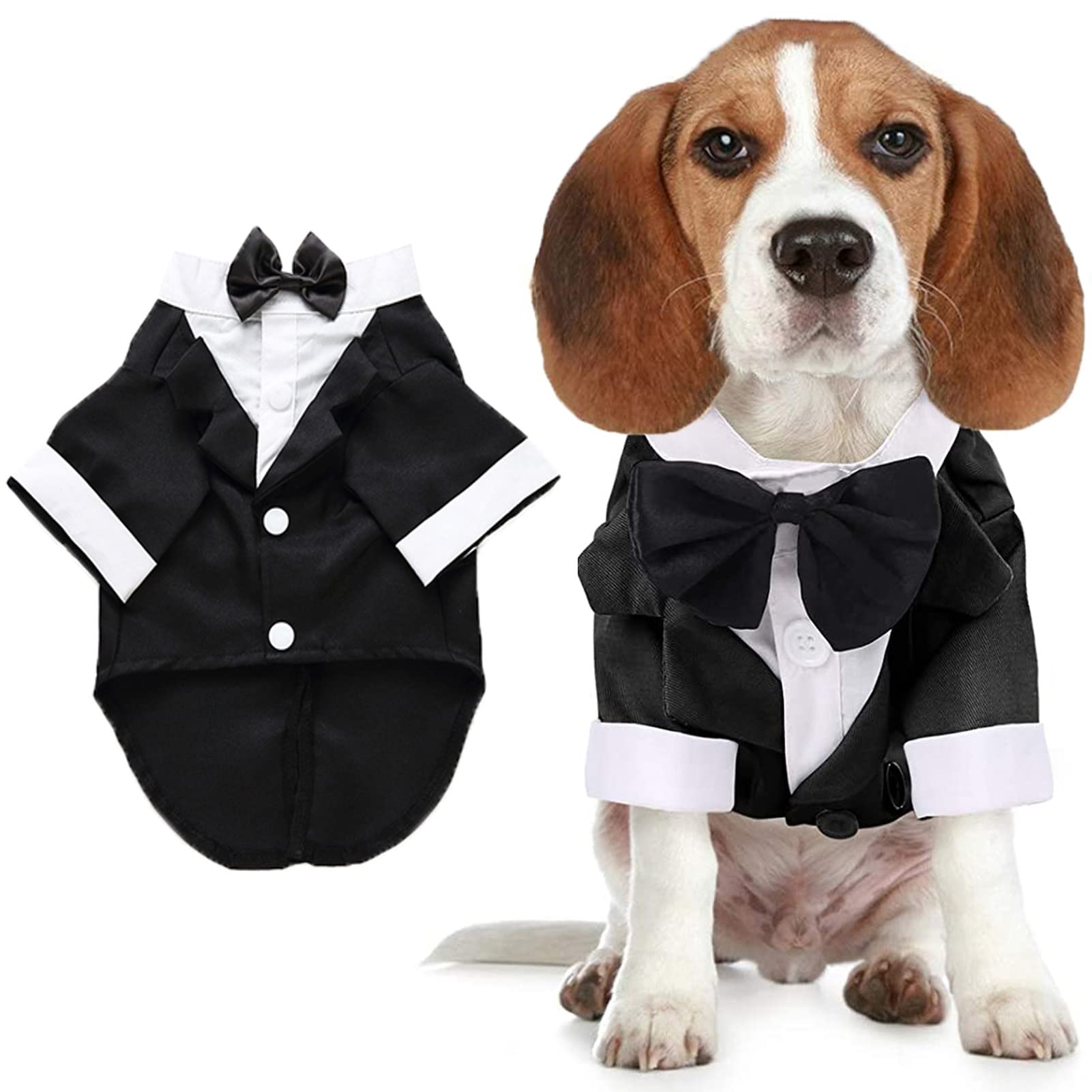 Dog Shirt Puppy Clothes, Pet Wedding Suit Formal Tuxedo With Black Bow Tie, Dog Outfit For Small Medium Dogs Cats, Dog Weding Attire Dress Up Cosplay Prince Costume Gentleman Apparel (Small, Black)