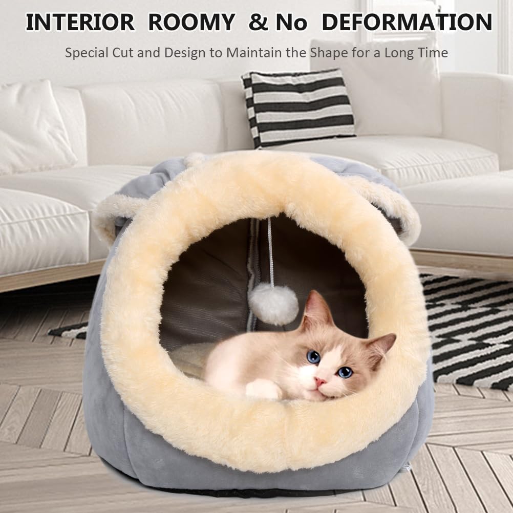 Cat Beds For Indoor Cats - Rabbit-Shaped Cat Cave Bed With Hanging Toy,Super Soft Calming Pet Bed For Kitten&Puppy,Small Dog,War