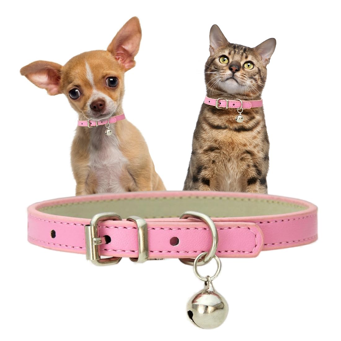 Pink Medium Dog Collar with Bell, Faux Leather Dog Collar with Bells Pu Basic Girl Dog Collars for XXS XSmall Small Medium Pet F