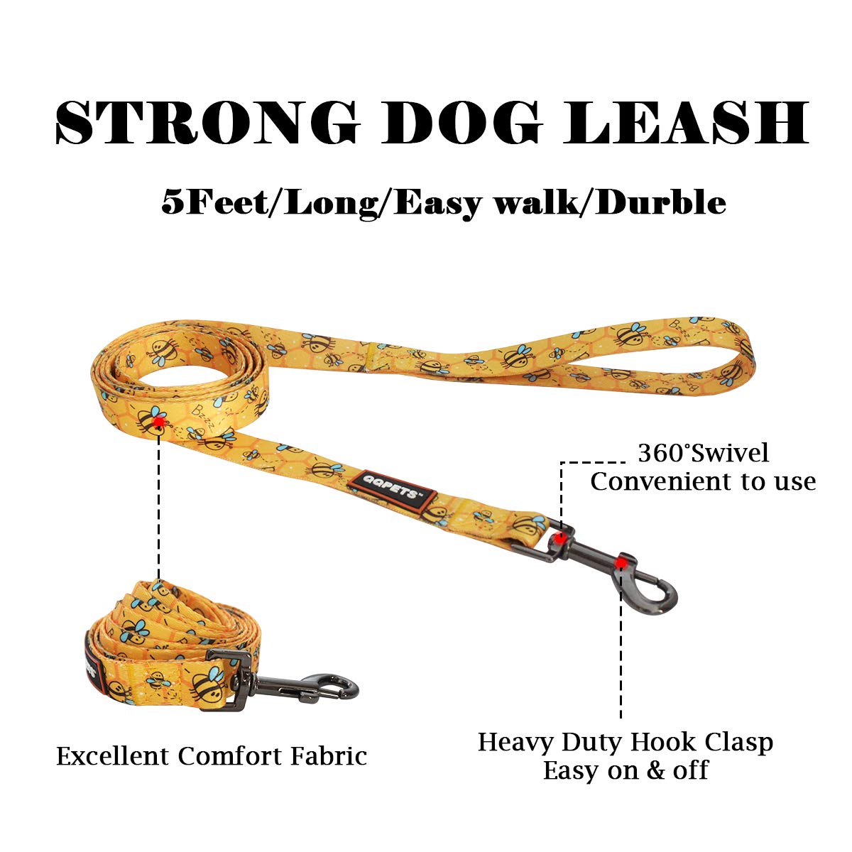Qqpets Dog Harness Leash Set Adjustable Heavy Duty No Pull Halter Harnesses For Small Medium Large Breed Dogs Back Clip Anti-Twist Perfect For Walking (M(19'-26' Chest Girth), Yellow Bee)