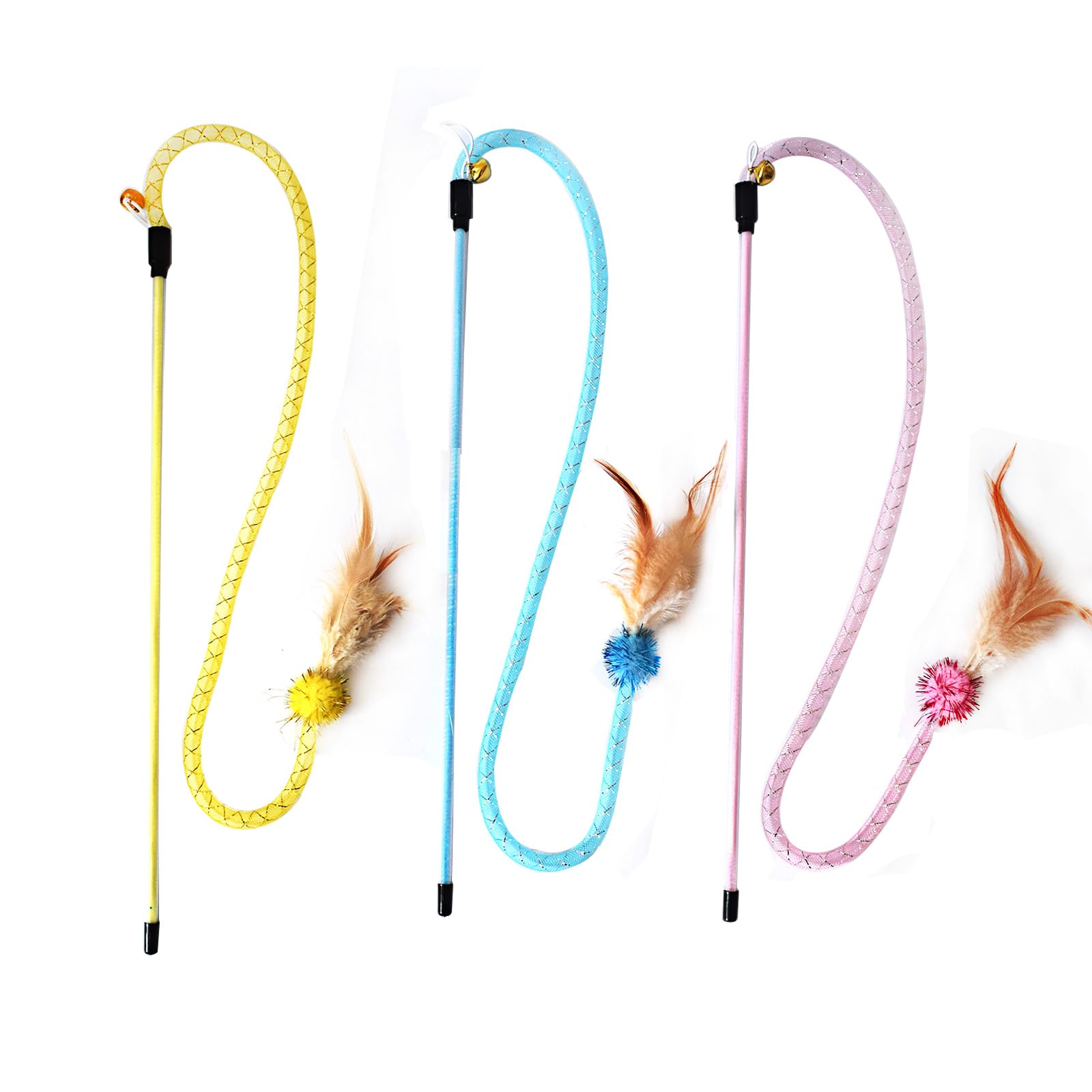 Iuhkbh Cat Wands, 3 Pcs Soft Line Tube Teaser Wands Colorful Feather Wands With Bell Interactive Cat Toys