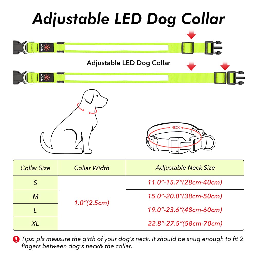 BSEEN LED Dog Collar - Rechargeable, Adjustable, Reflective, Large, Neon Green