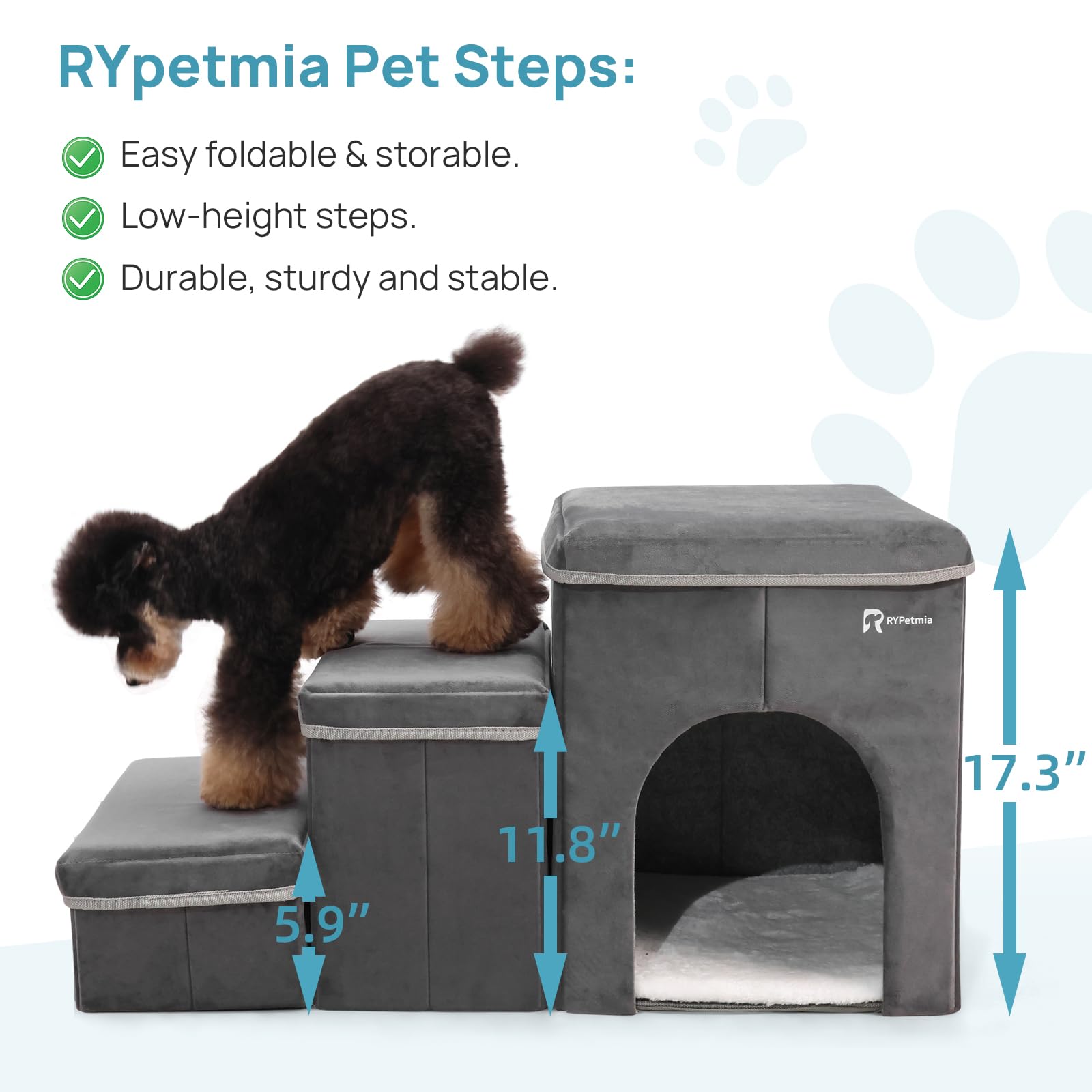 Rypetmia Foldable Pet Stairs For Beds & Sofas - Non-Slip Dog Steps With Storage For Small To Medium Dogs & Cats, Supports Up To