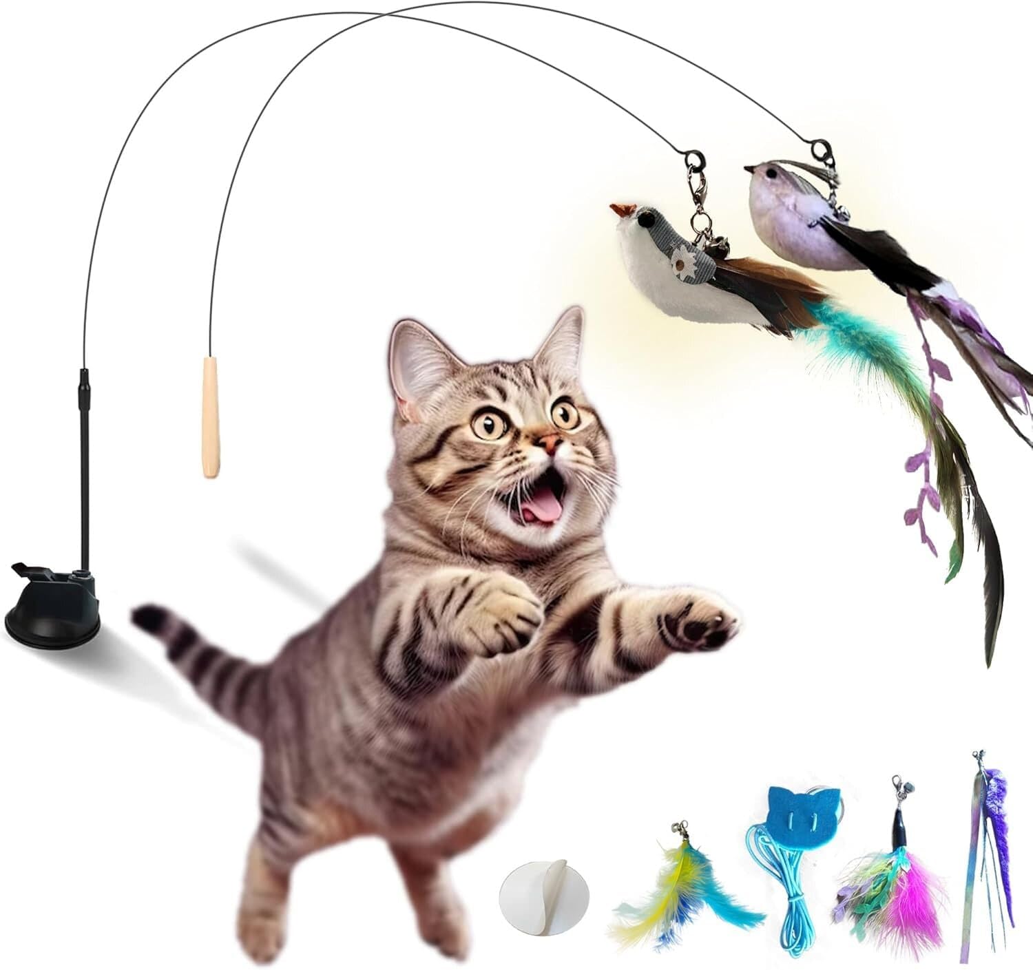 Zoyten 10Pcs Wand Toy Set - Interactive Teaser With Feather Refills, Suction Cup & Fishing Pole, Retractable Toy For Indoor Cats