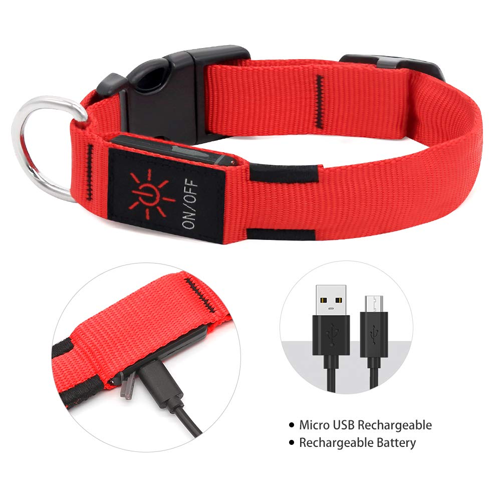Illumifun Led Dog Collar, Usb Rechargeable Lighted Dog Collar, Nylon Webbing Glowing Safety Collars For Your Dogs Walking At Night(Red, Large)
