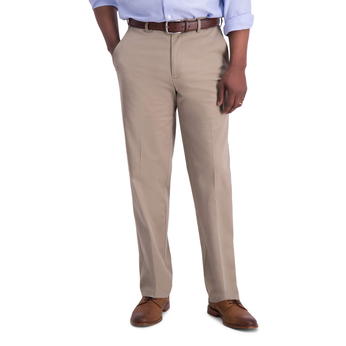 Haggar Mens Iron Free Premium Classic Fit Flat Front Expandable Waist Casual Pant Regular And Big  Tall Sizes, Med Khaki, 38W X 