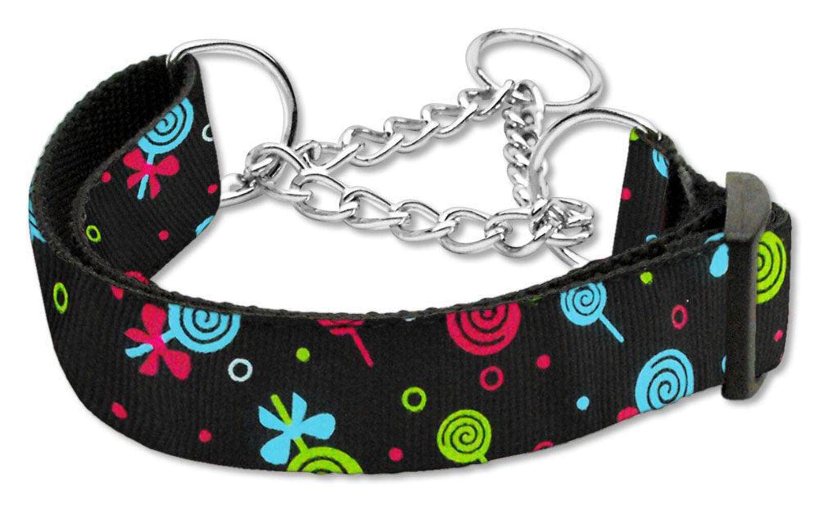 Mirage Pet Products Lollipops Nylon Ribbon Martingale Collar for Pets, Medium, Black