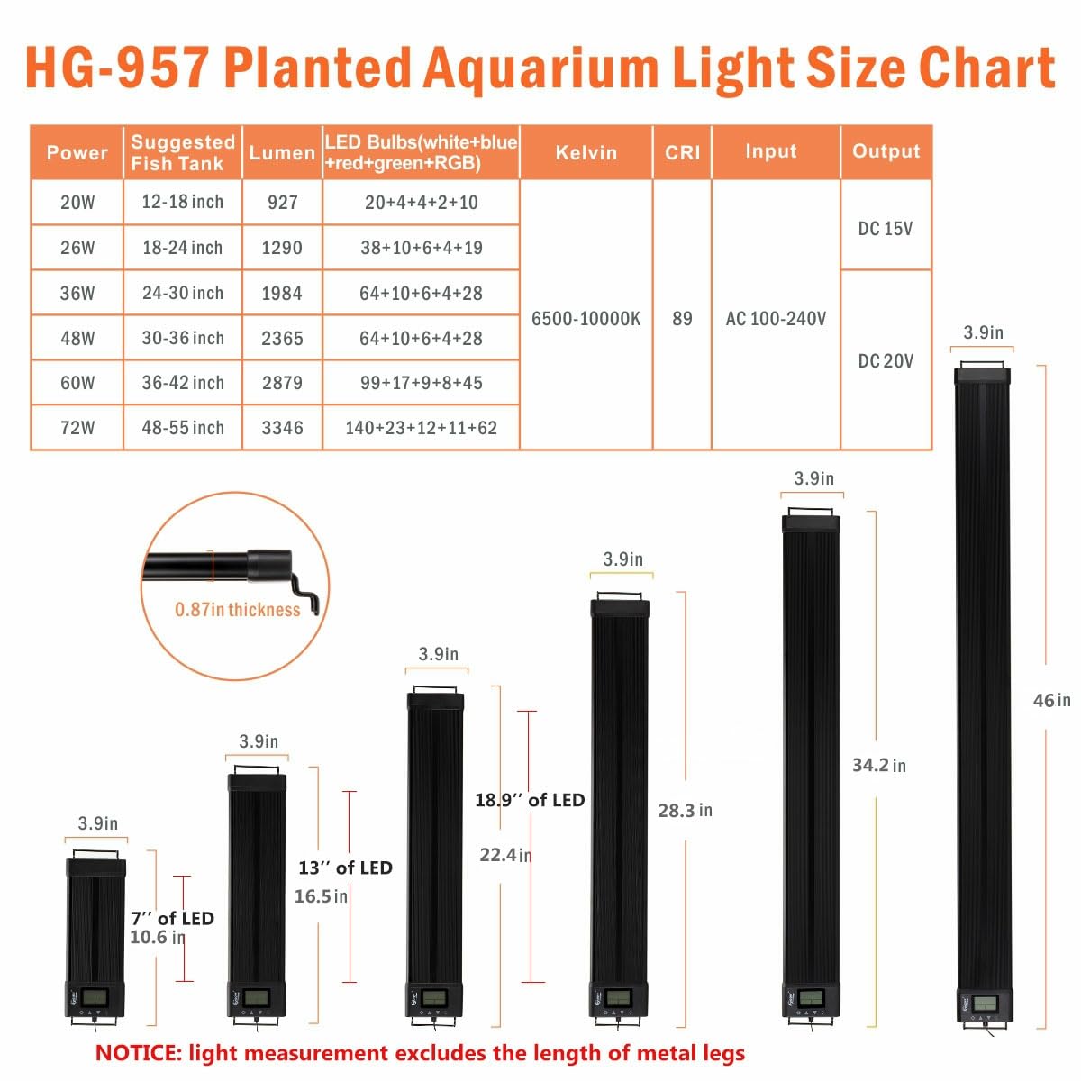 hygger LED Aquarium Light 30-36 Inch, Dimmable Full Spectrum, Black, Model 957, Extendable with Timer for Freshwater Planted Tanks