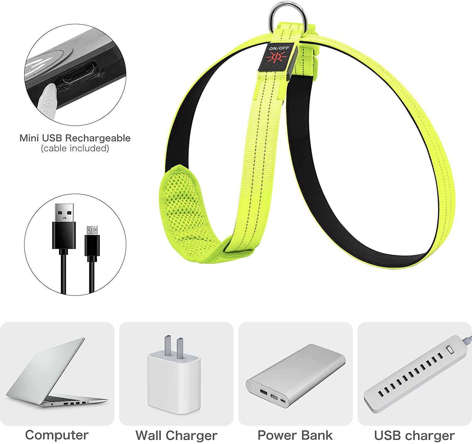 KOSKILL LED Light Up Dog Harness, Rechargeable & Reflective, Glow in The Dark, Green, Size M (Neck? = 96cm) for Night Walking