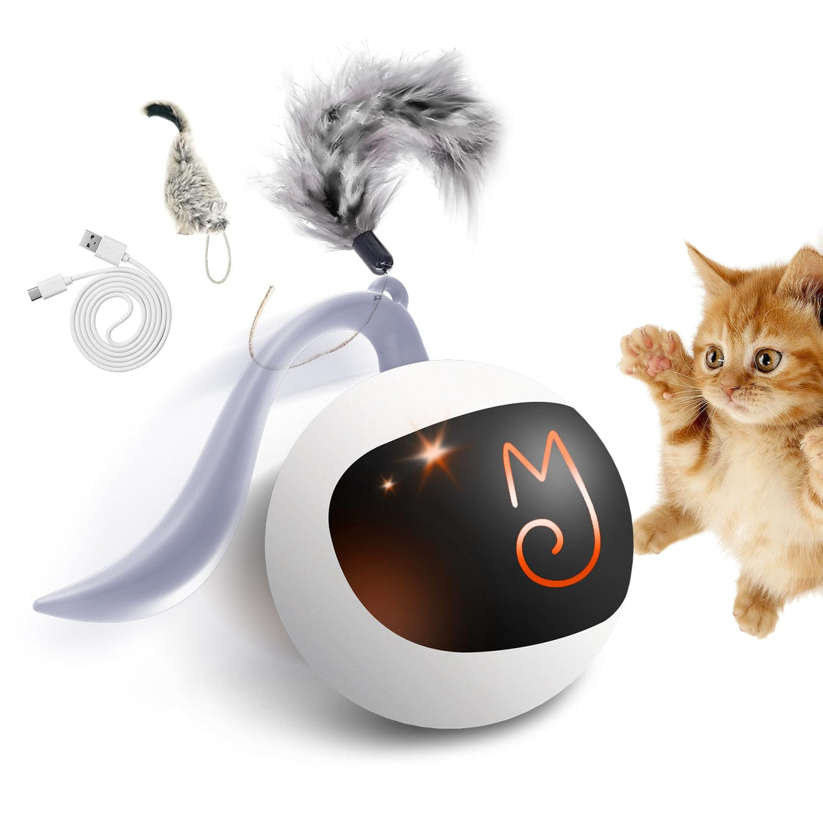 Migipaws Interactive Cat Ball Toy Set, Fun Tracker, Automatic Rolling Chase Ball With Fluffy Tail, A Small Mice, Rechargeable(White)