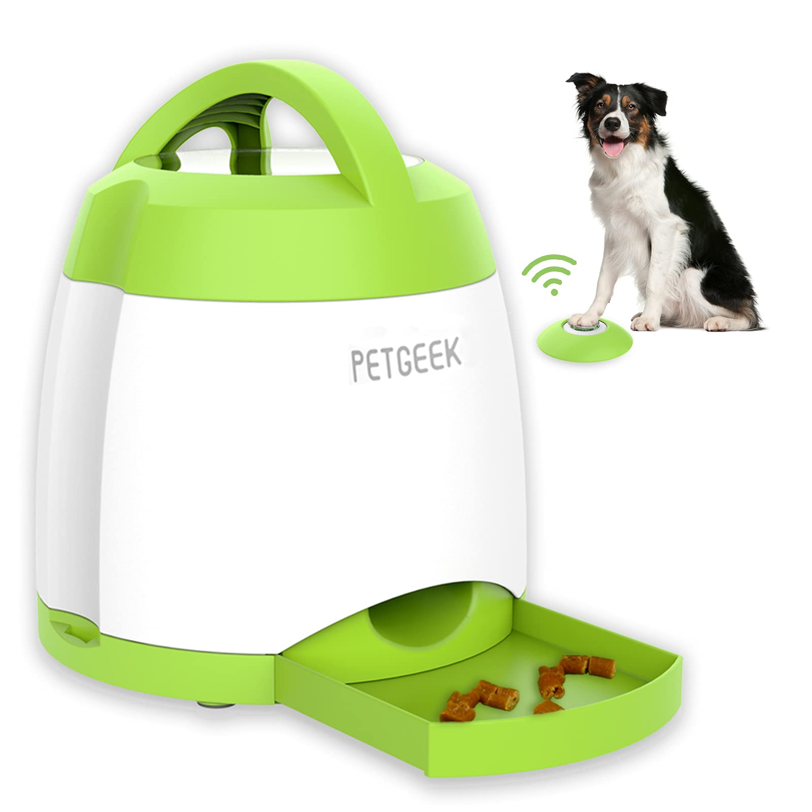 PETgEEK Treat Dispenser Dog Toys, Automatic Pet Feeder with Dual Power Supply and Remote control, Dog Puzzle Toys and Interactiv