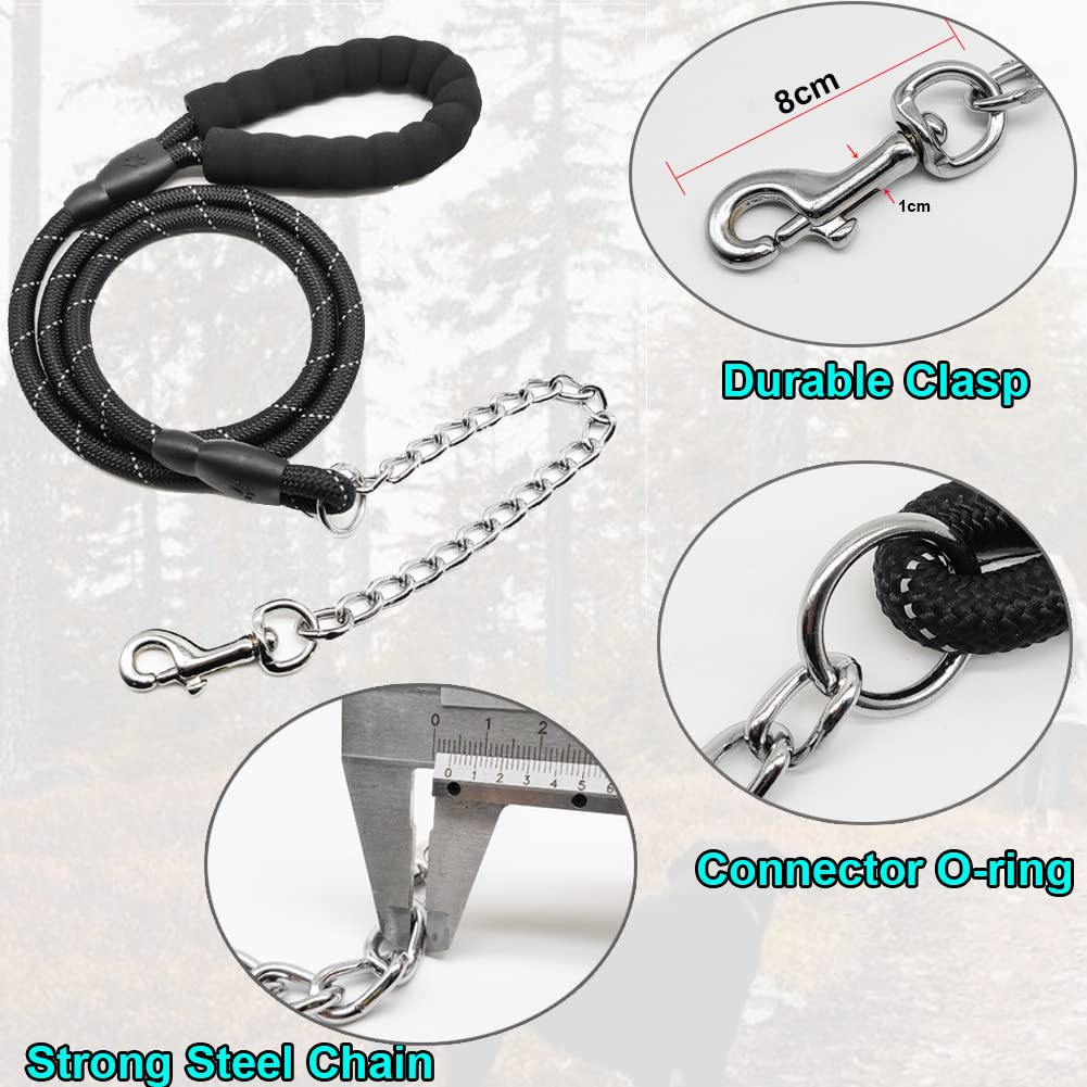 Btinesful 6Ft Chewproof Dog Leash, Strong Nylon Rope With Anti-Chewing Chain And Padded Handle For Medium Large Dogs Outdoor Training Walking Hiking Black