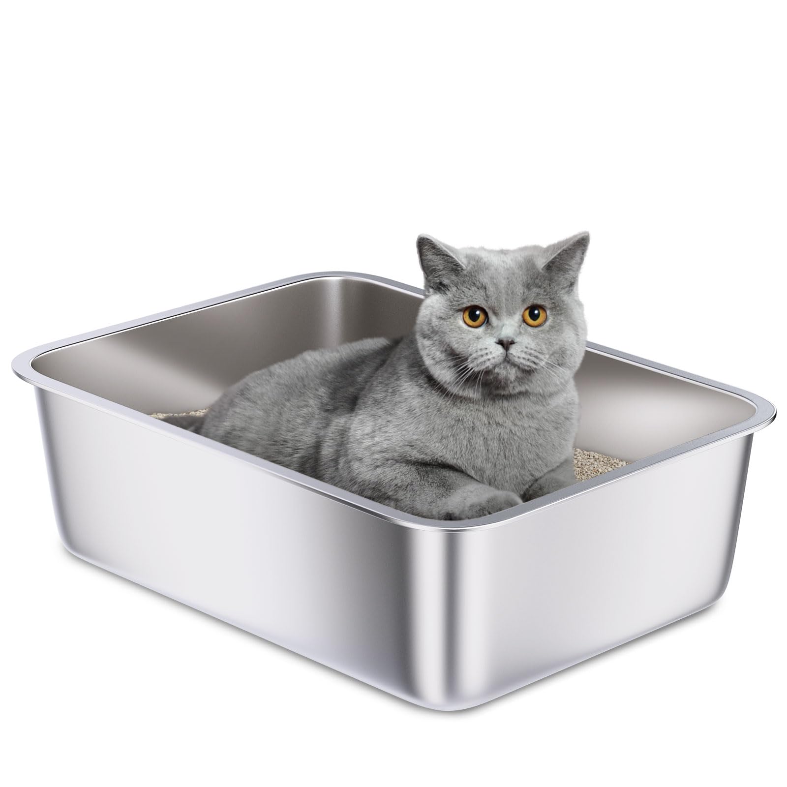 Holintan Stainless Steel Litter Box, 18'X14'X6'(Height) Medium Metal Cat Litter Box Easy Clean, Non Stick Litterbox No Smell 