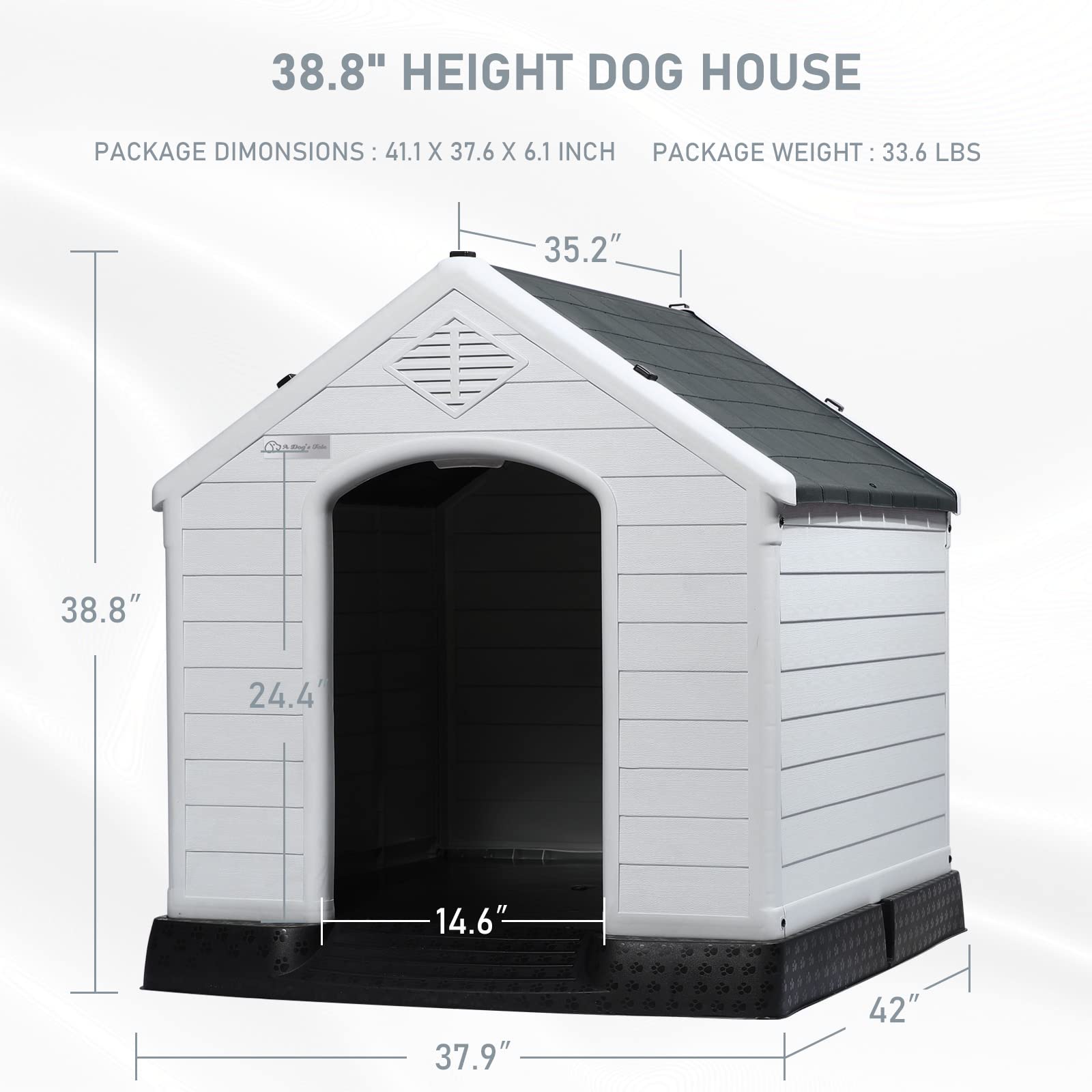 Lemberi Durable Waterproof Plastic Dog House For Small To Large Sized Dogs, Indoor Outdoor Doghouse Puppy Shelter With Elevated Floor, Easy To Assemble (Gray, 42''L*38''W*39''H)