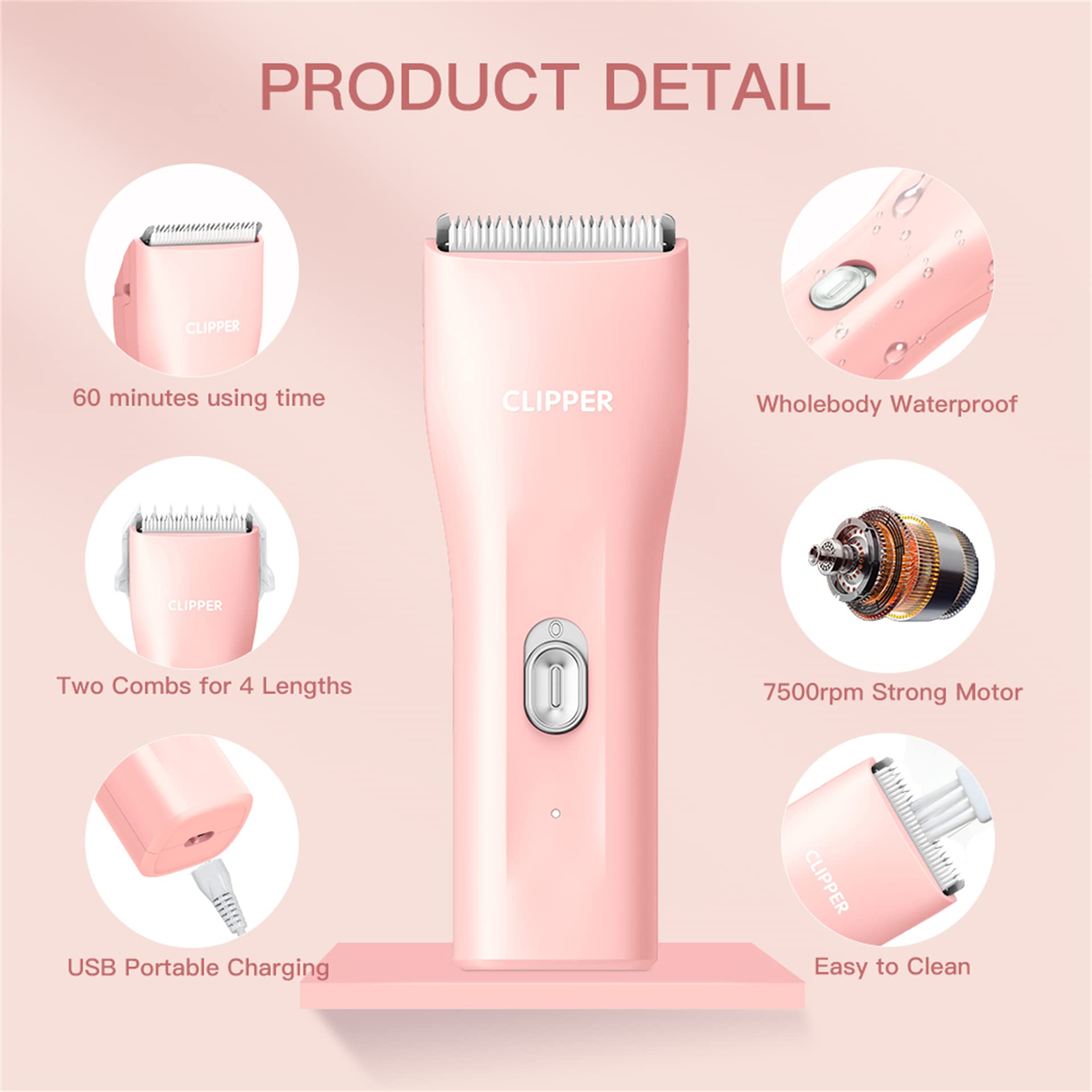 Founouly Dog Cat Home Hair Clipper Portable Electric Pet Grooming Kits,Pink,Ts006