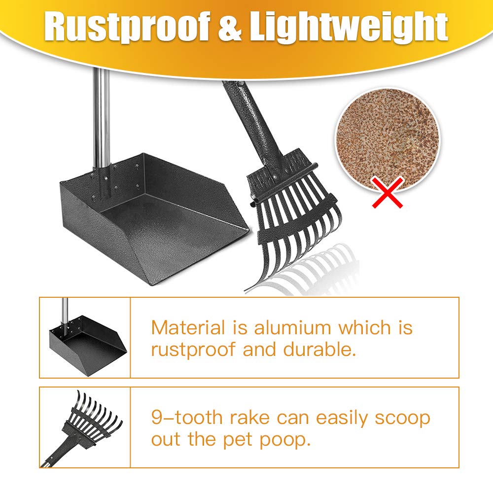 Tooge Pooper Scooper, Dog Pooper Scooper Long Handle Stainless Metal Tray And Rake For Medium Small Dogs Heavy Duty Pet Supplies To Use For Grass, Dirt Or Gravel