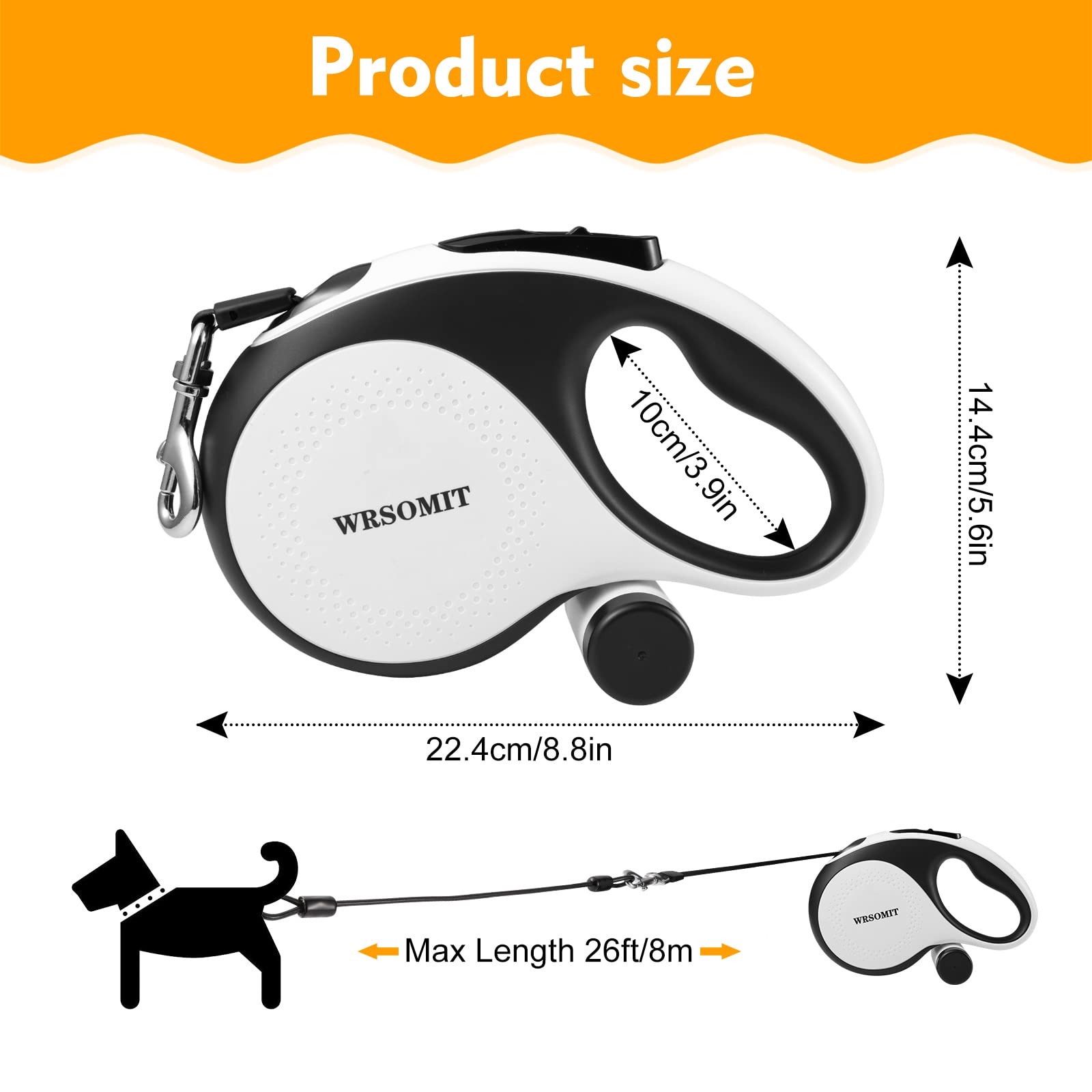 WRSOMIT 26Ft Retractable Dog Leash, Heavy Duty for Medium Large Dogs up to 110lbs, Chew Proof Cable, White, Model A0302RS-1
