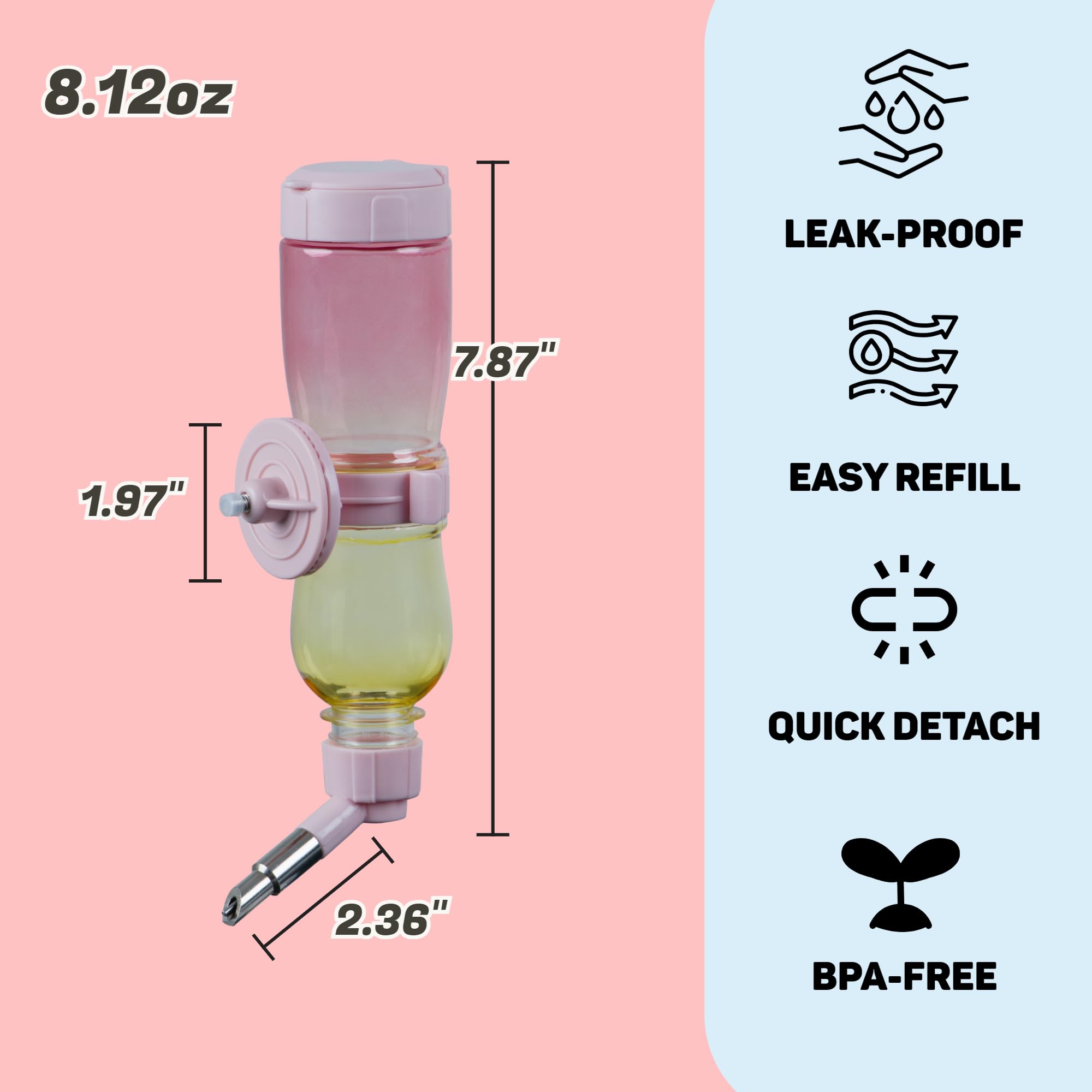 Leak-Proof Small Animal Water Bottle For Chinchillas, Birds, Hamsters, Guinea Pigs, Rabbits And Other Small Pets. (Pink, 8.12Oz)
