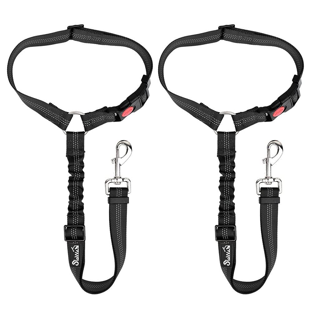 Slowton Dog Seat Belt For Car, 2 Pack Dog Car Harness Seatbelt Adjustable With Elastic Bungee Buffer, 2 In 1 Pet Car Leash Headrest Restraint Dog Reflective Safety Tether (Black, Headrest)