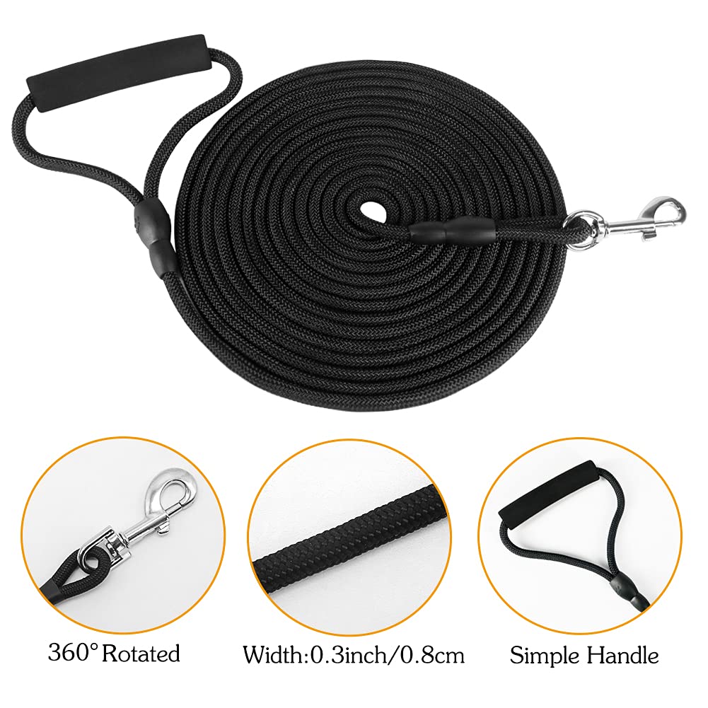 Vivifying Long Dog Leash, 20Ft Floating Dog Training Leash, Check Cord Rope Leash With Comfortable Handle For Outside, Hiking, Swimming, Beach And Lake (Black)