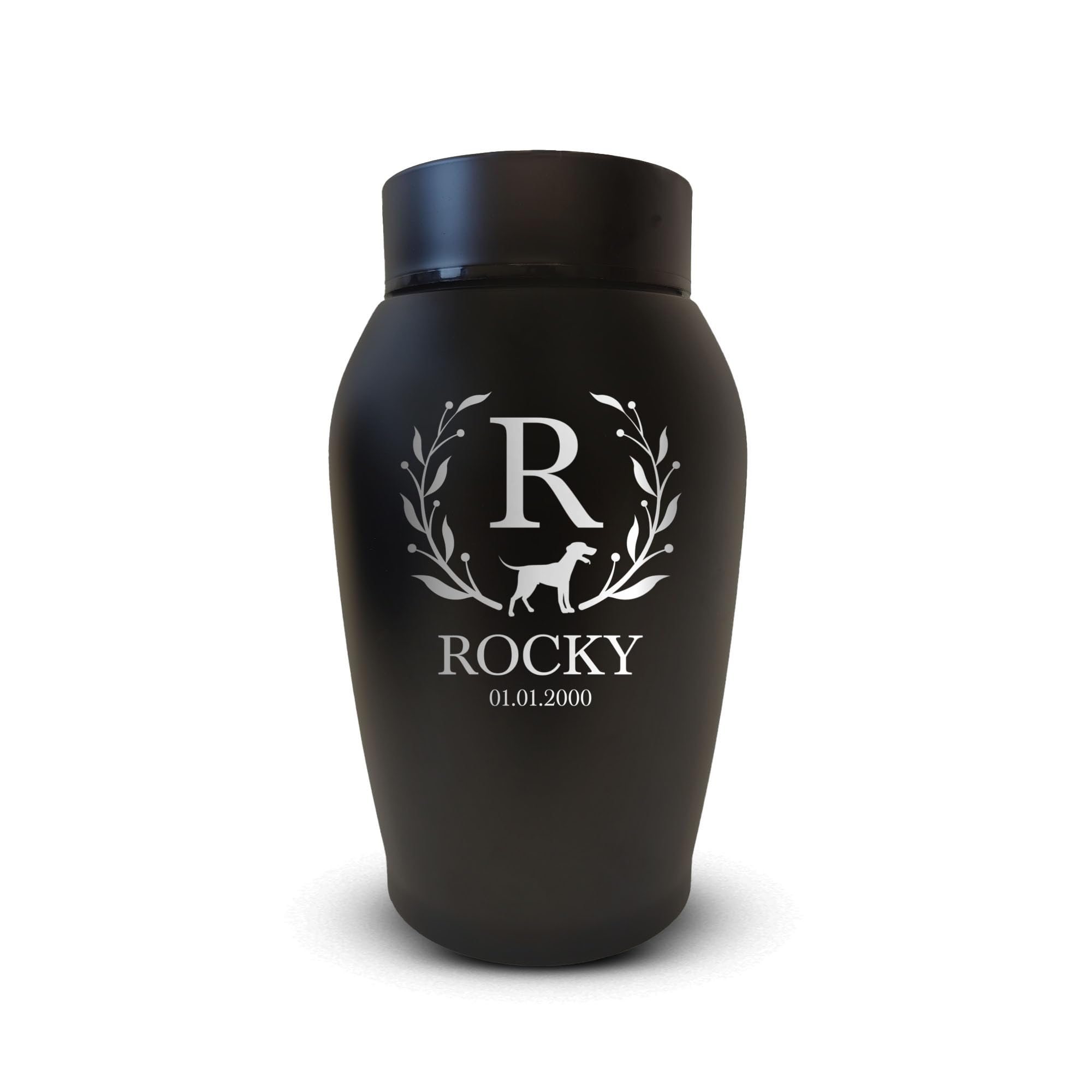 Personalized Custom Small Keepsake Urn Engraved With Pet Name, Date, And Dog Design - 5.2' Black Powder Coated Steel Cremation 
