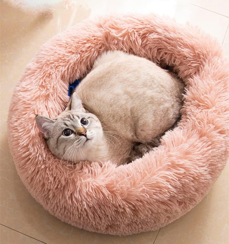 Cat Beds For Indoor Cats - Cat Bed Washable 20/24 Inches, Dog Beds For Small Medium Dogs, Anti Anxiety Round Fluffy Plush Faux Fur Cat Bed, Thick Bottom (Pink, Medium)