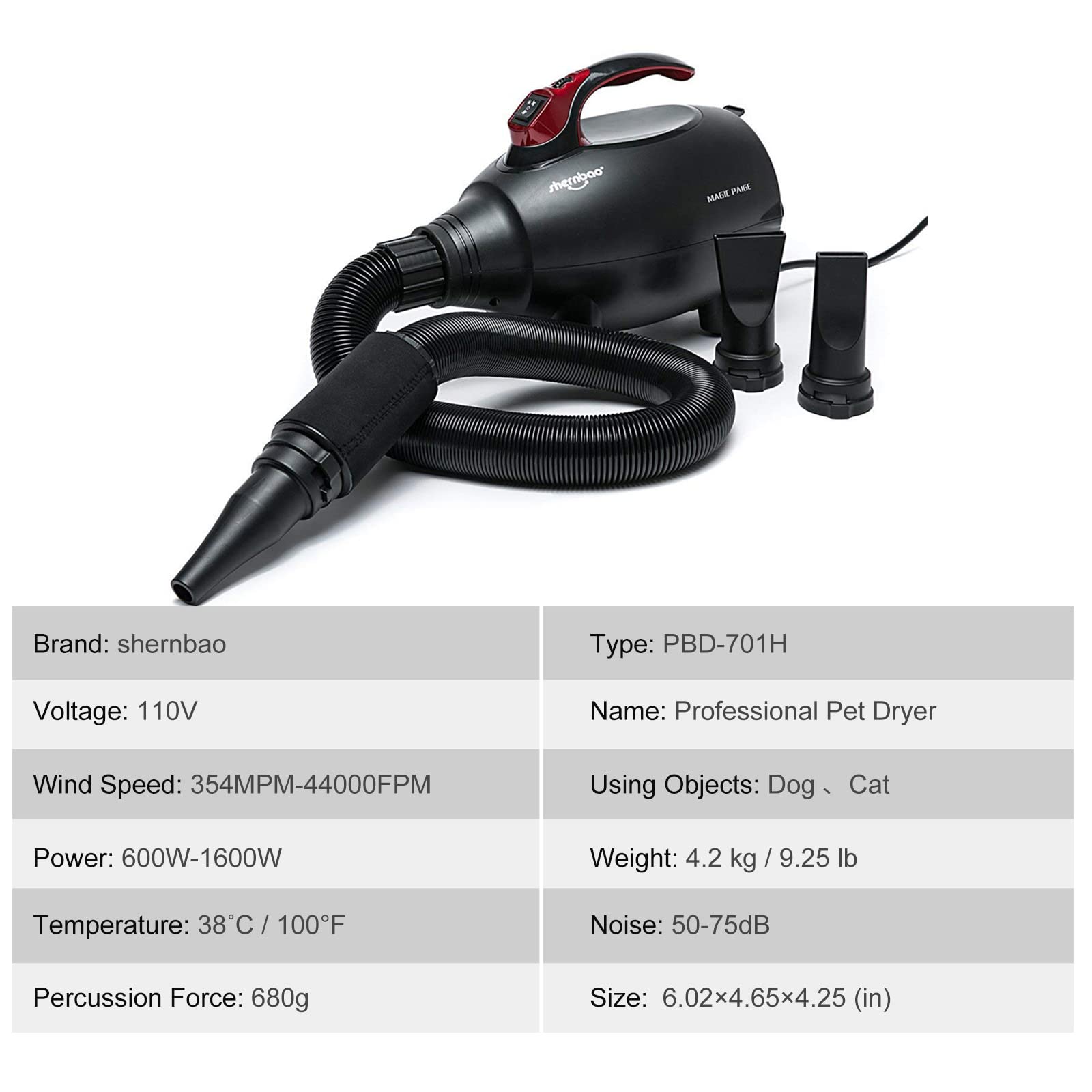 Shernbao High Velocity Professional Dog Pet Grooming Hair Drying Force Dryer Blower 4.5Hp (Pbd-701H)