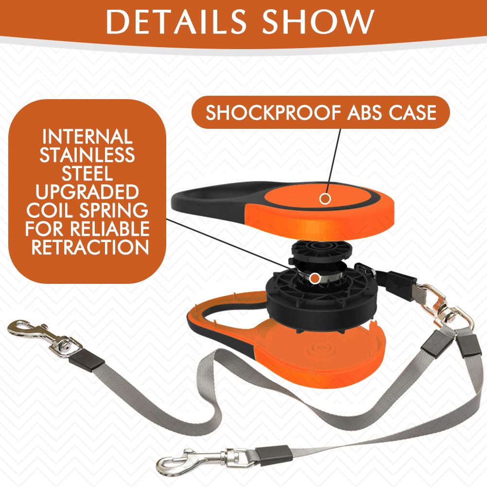 Kooltail Dual Retractable Dog Leash For Two Dogs Up To 110 Lbs, Heavy Duty Double Headed 16 Ft Flexi Extendable 360?Tangle-Free One Button&Lock Brake Dog Leash For Small Medium Large Dogs Puppyorange