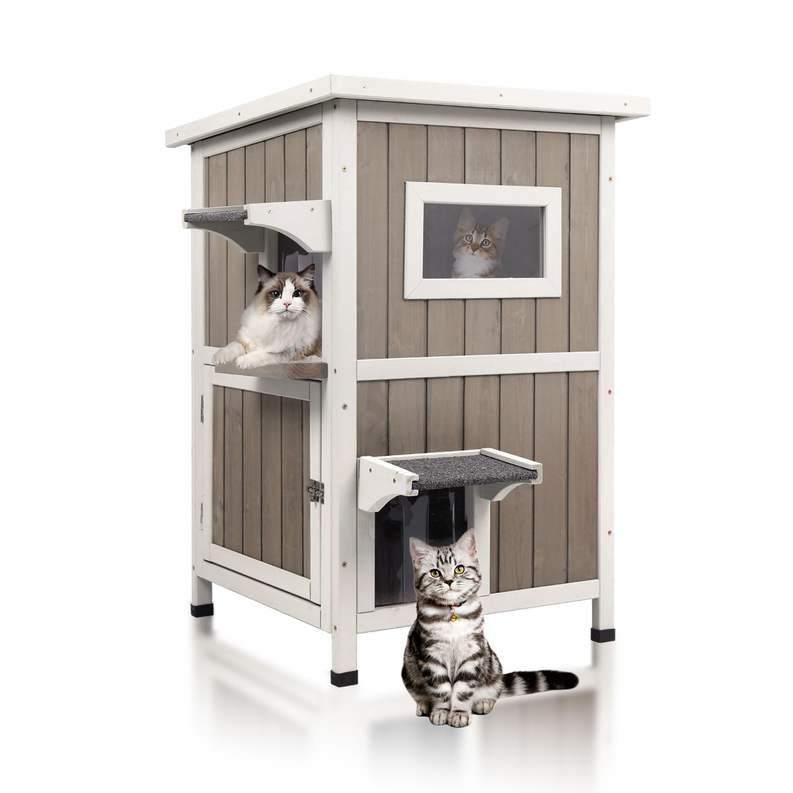 Magazoopet Outdoor Cat House Weatherproof, Two Story Wooden Feral Cat House Shelter With 3 Escape Door, Outside Cat Condo For Sm