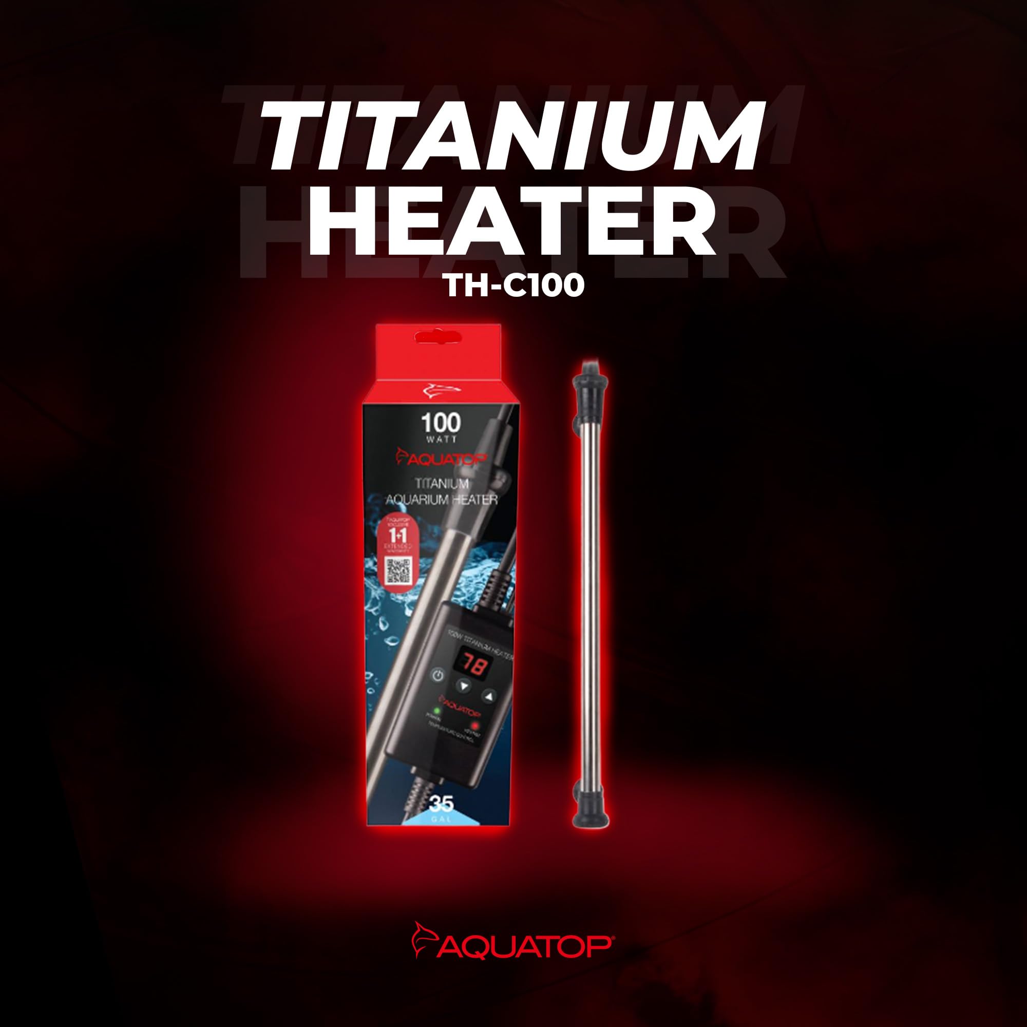 Aquatop TH-C100 Titanium Heater - Fully Submersible, Adjustable Temp, 100W for Turtles & Large Fish, Up to 35 Gallons