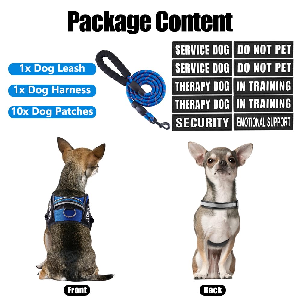 Service Dog Vest Harness And Leash Set, Animire In Training Dog Harness With 8 Dog Patches, Reflective Dog Leash With Soft Padded Handle For Small, Medium, Large, And Extra-Large Dogs (Blue,S)
