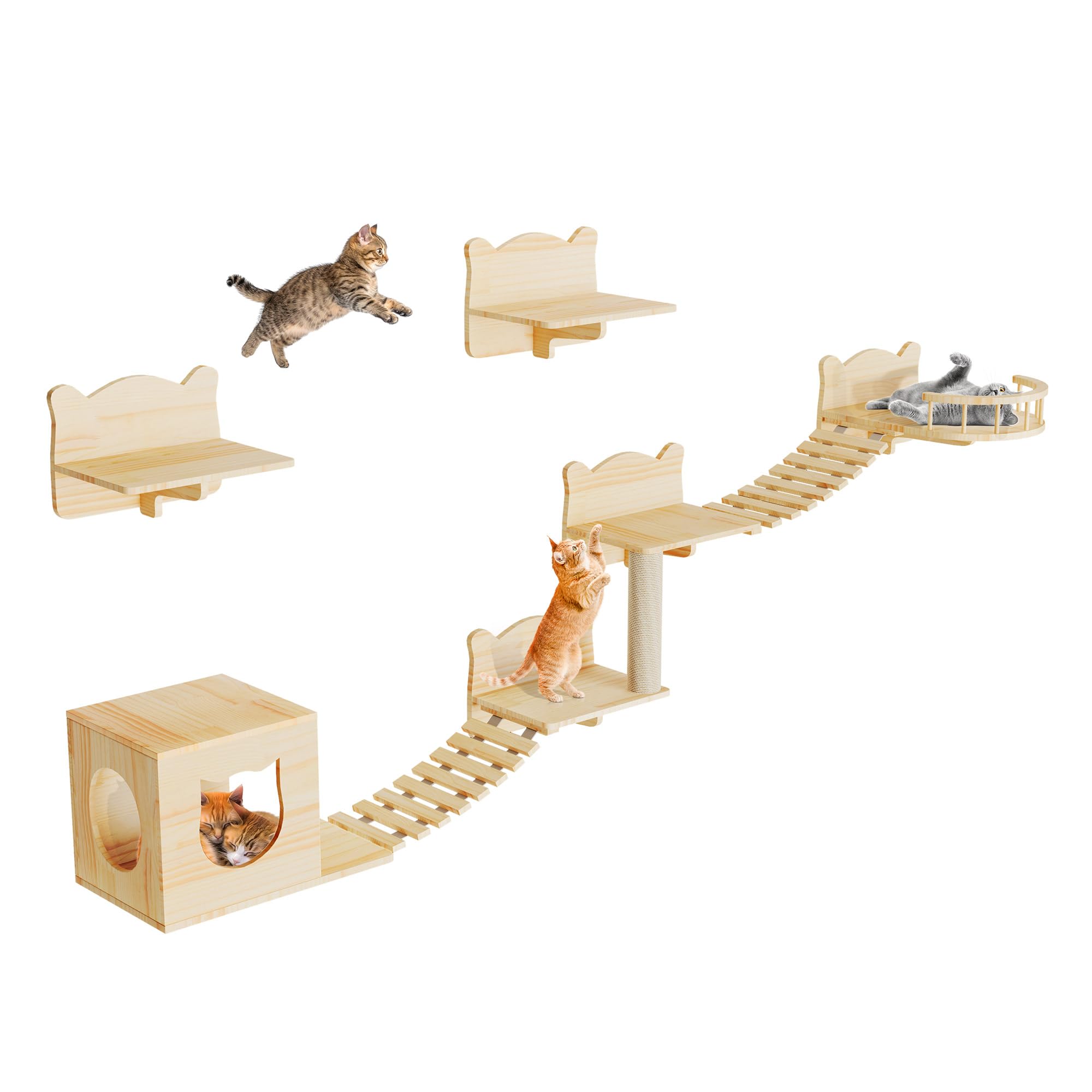 Homiflex Cat Wall Shelves Set of 9, Burlywood Wooden Cat Furniture with Scratching Post, House, Condo, Bridge Ladder for Multiple Cats