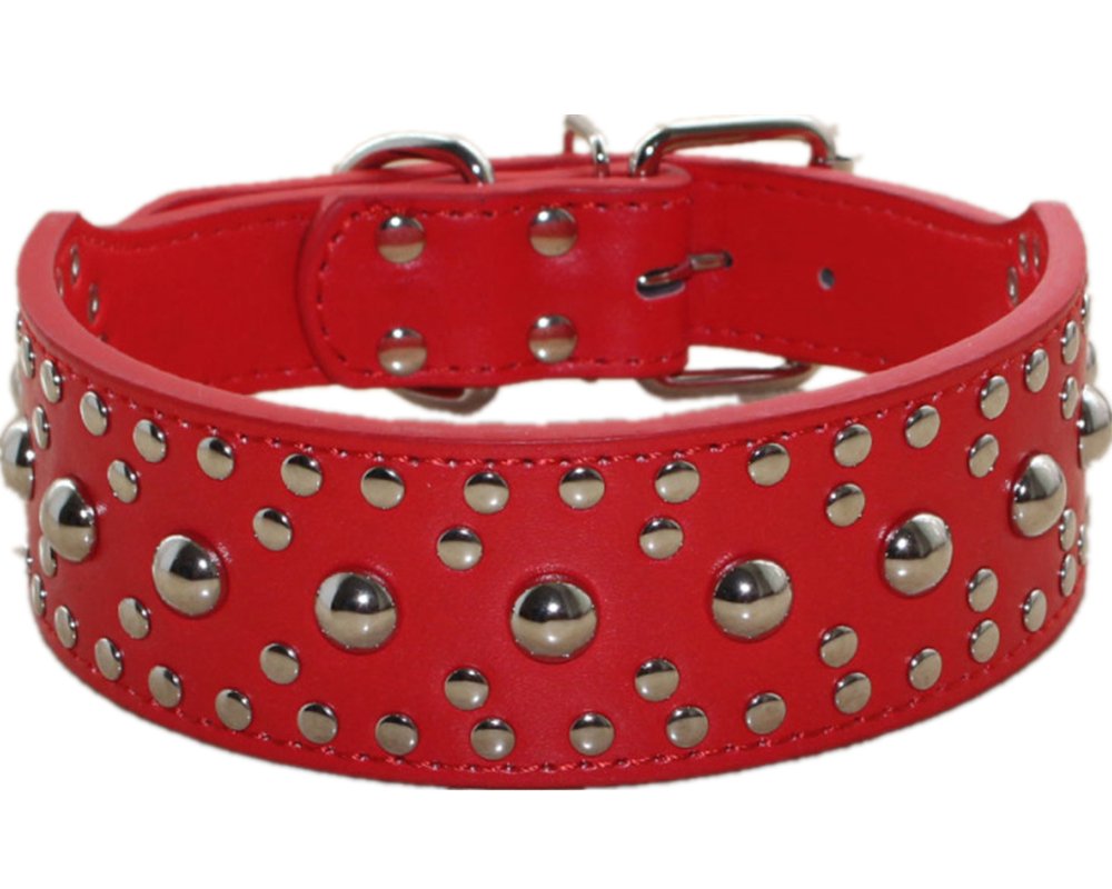 Haoyueer New Unisex Studded Leather Dog Collars Medium Large Dog Necklace for Pitbull Doberman Sizes M L(Red,L)