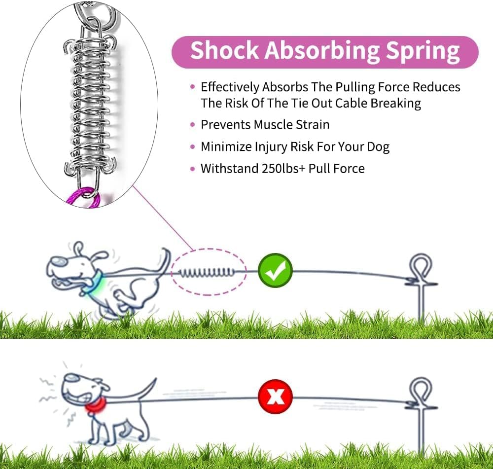 Mi Metty Tie Out Cable For Dog,25Ft Dog Leads With Swivel Hook And Shock Spring,Heavy Duty Tie Out Cable For Large Dogs Up To 12