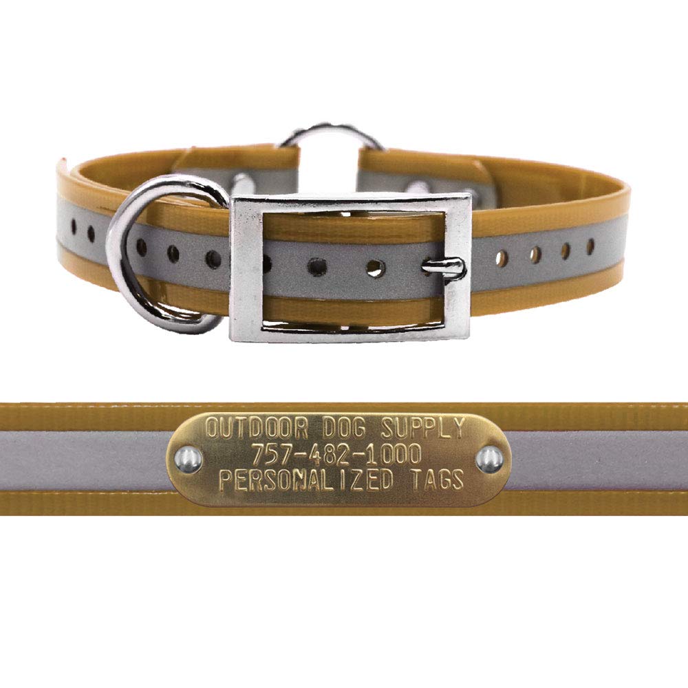 Outdoor Dog Supply'S 1' Wide Reflective Ring In Center Dog Collar Strap With Custom Brass Name Plate (21' Long, Reflective Tan)