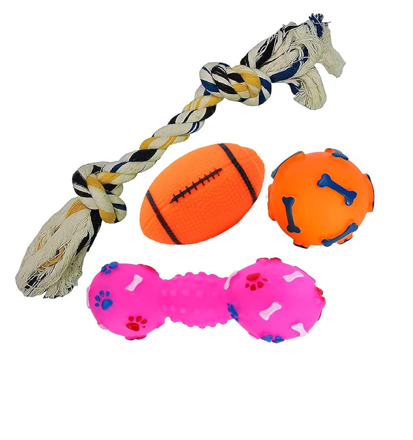 Pet Needs Combo Of 4 Natural Latex Squeaky Rubber Toy With 2Knotted Rope Toy For Small Breed PuppyRope,Rugby Ball, Squeaky Bal