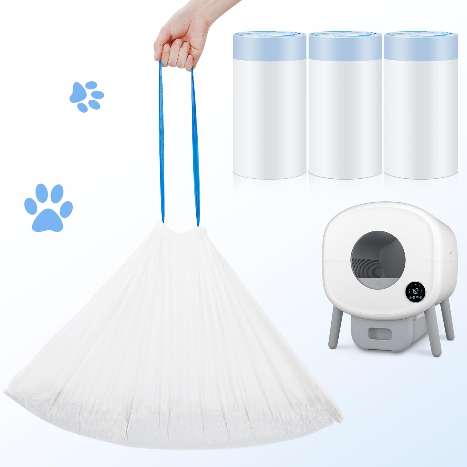 Cumrige Cat Litter Bags - 60 Pack Durable Drawstring Liners for Automatic Litter Boxes, Heavy-Duty, White, Model M2A