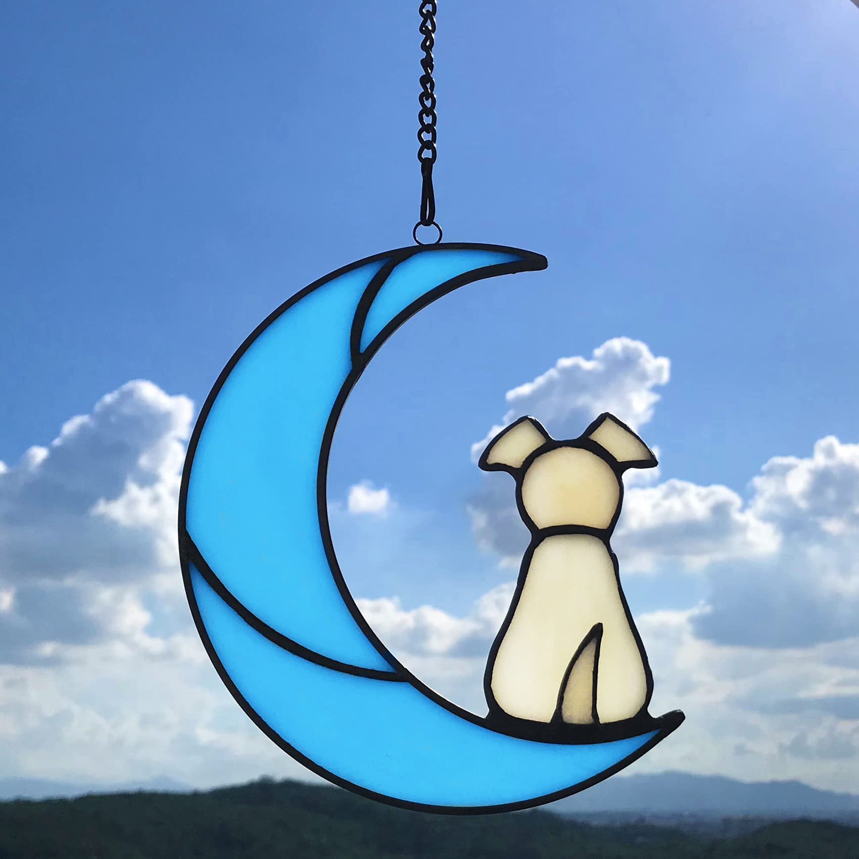 Lcensp Stained Glass Dog Memorial Gifts for Dog Lovers, Yellow Dog Decor on Blue Moon Window Hanging Suncatcher, Loss of Dog Sym