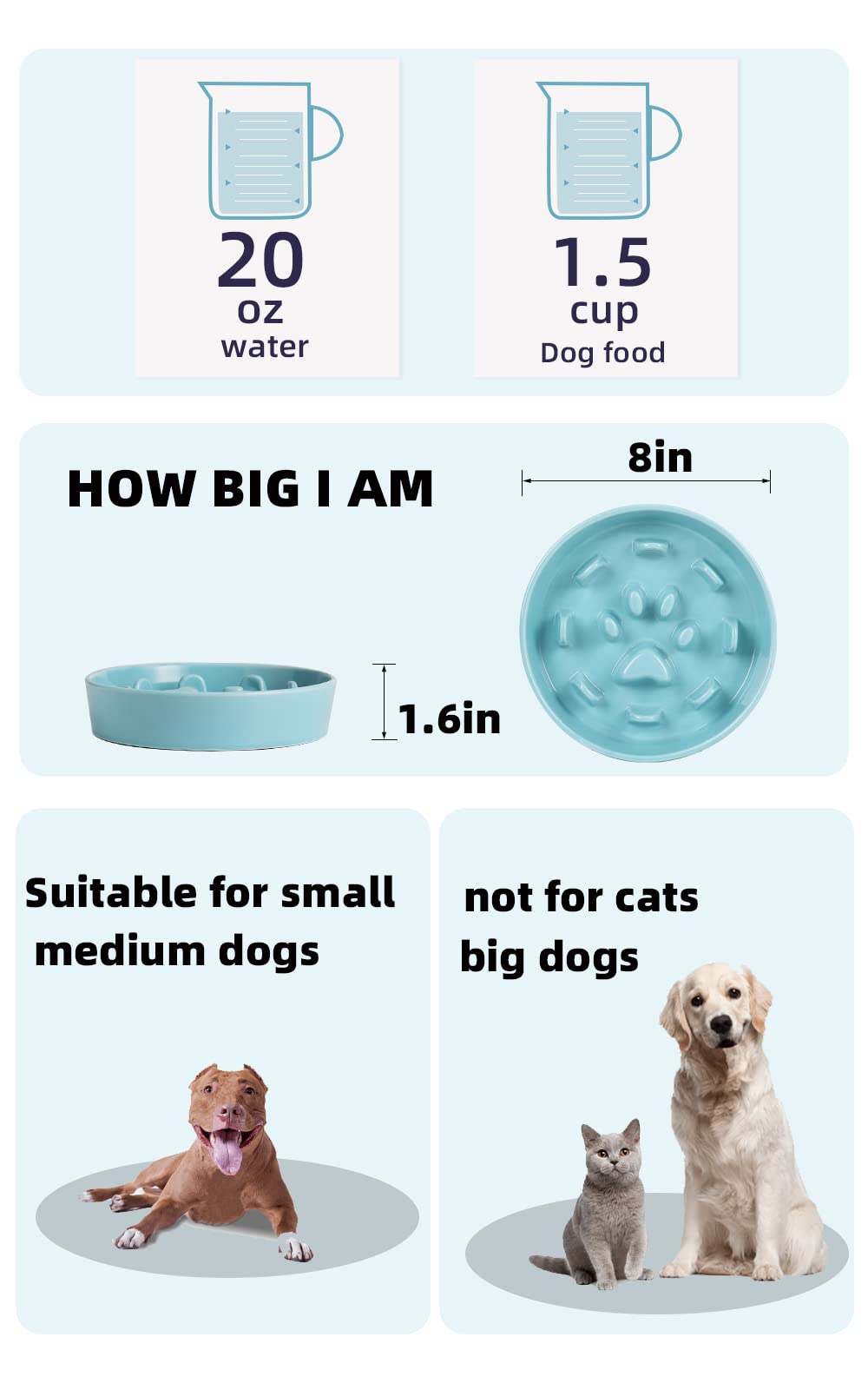 Slow Feeder Dog Bowls, Ceramic Fun Slow Eater Bowl For Small Medium Breed (Turquoise)
