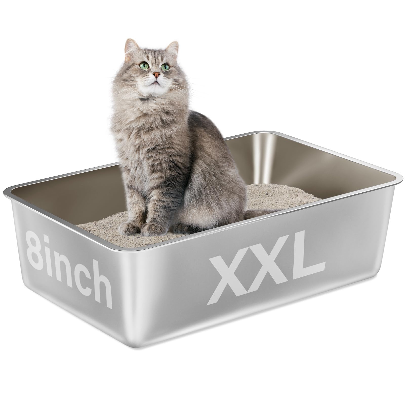 Egmehoad Stainless Steel Cat Litter Box,Xxl Metal Litter Box For Big Cats 8In Deep, Metal Pet Toilet Easy To Clean,High Sided Li