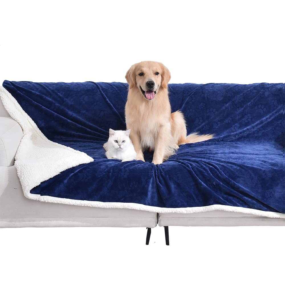 Qeils Dog Blankets For Large Dogs - Waterproof Cat Blanket Washable - Sherpa Fleece Puppy Blanket, Soft Plush Reversible Throw Protector For Bed Couch Car Sofa, 60'X80', Navy Blue