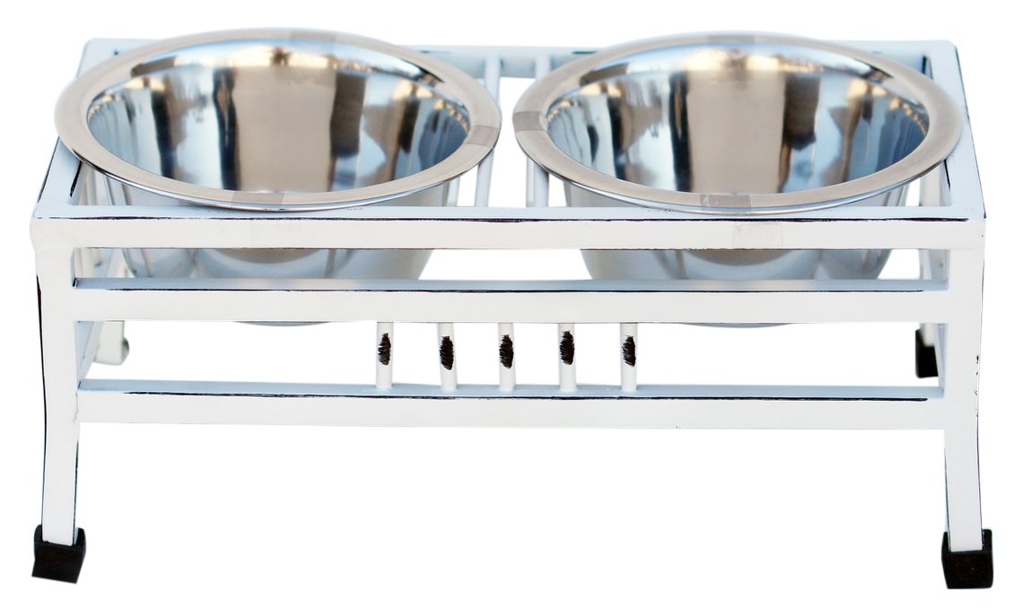 Indipets Wrought Iron Dog Diner with Antique Finish - 2 Quart Bowls - Wooden Metal, Hand Crafted Stand, Stainless Steel (90022)