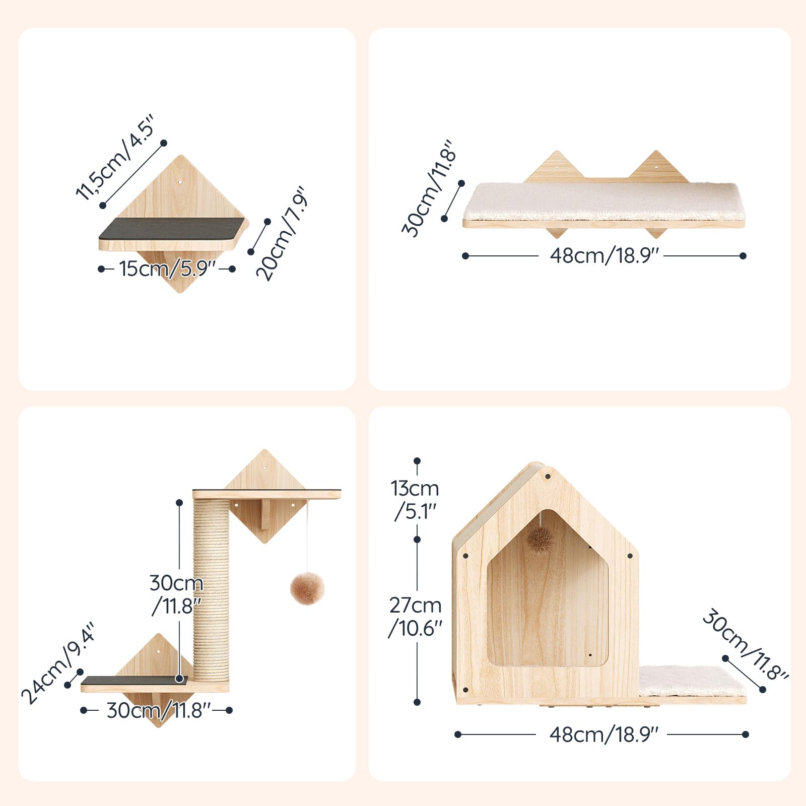 Hoobro Wood Cat Wall Shelves, Set Of 5 Cat Wall Mounted Furniture, Climbing Shelves With House, Steps, Scratching Post, Perch, S