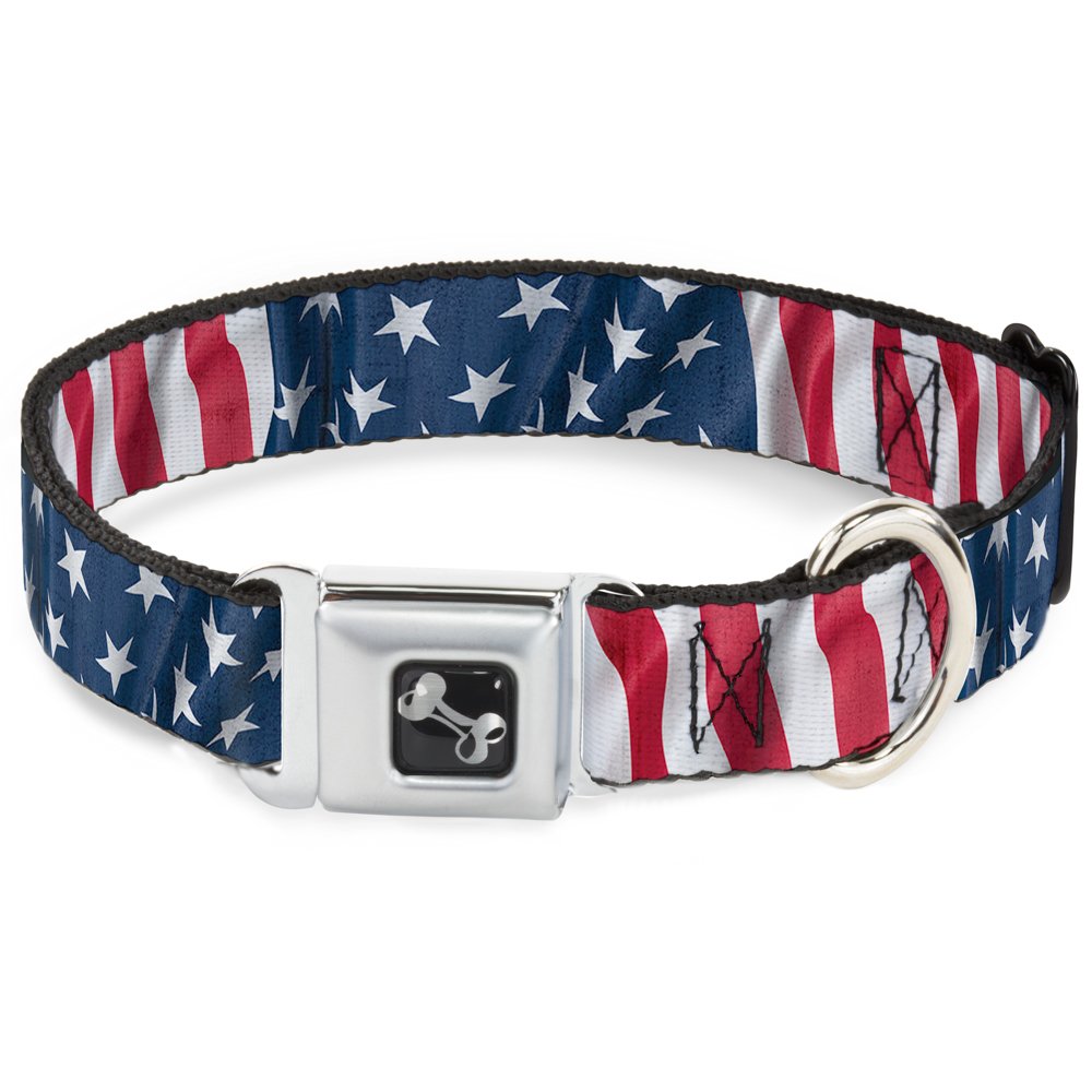 Dog Collar Seatbelt Buckle American Flag Vertical Close Up 15 To 26 Inches 1.0 Inch Wide