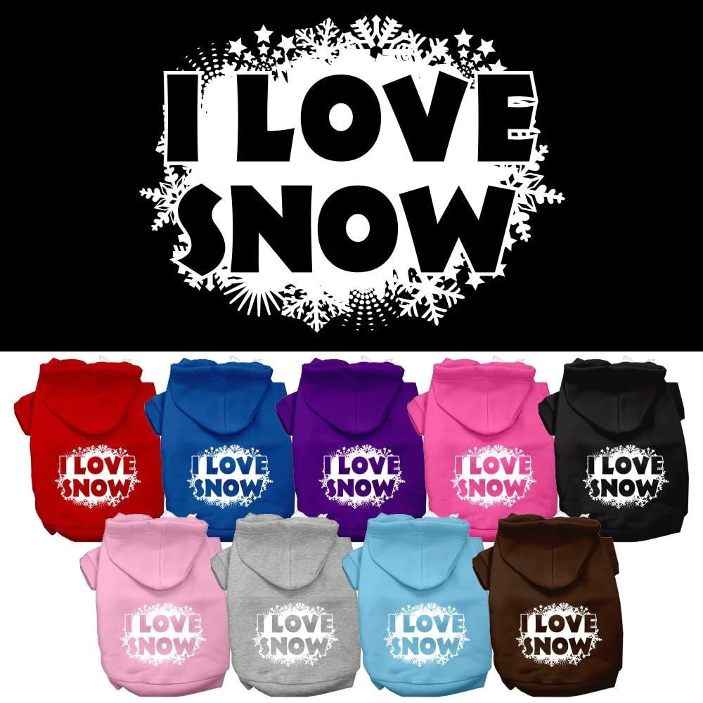 Christmas Pet Dog & Cat Hoodie Screen Printed, I Love Snow Light Pink XL (14-20 lbs.)