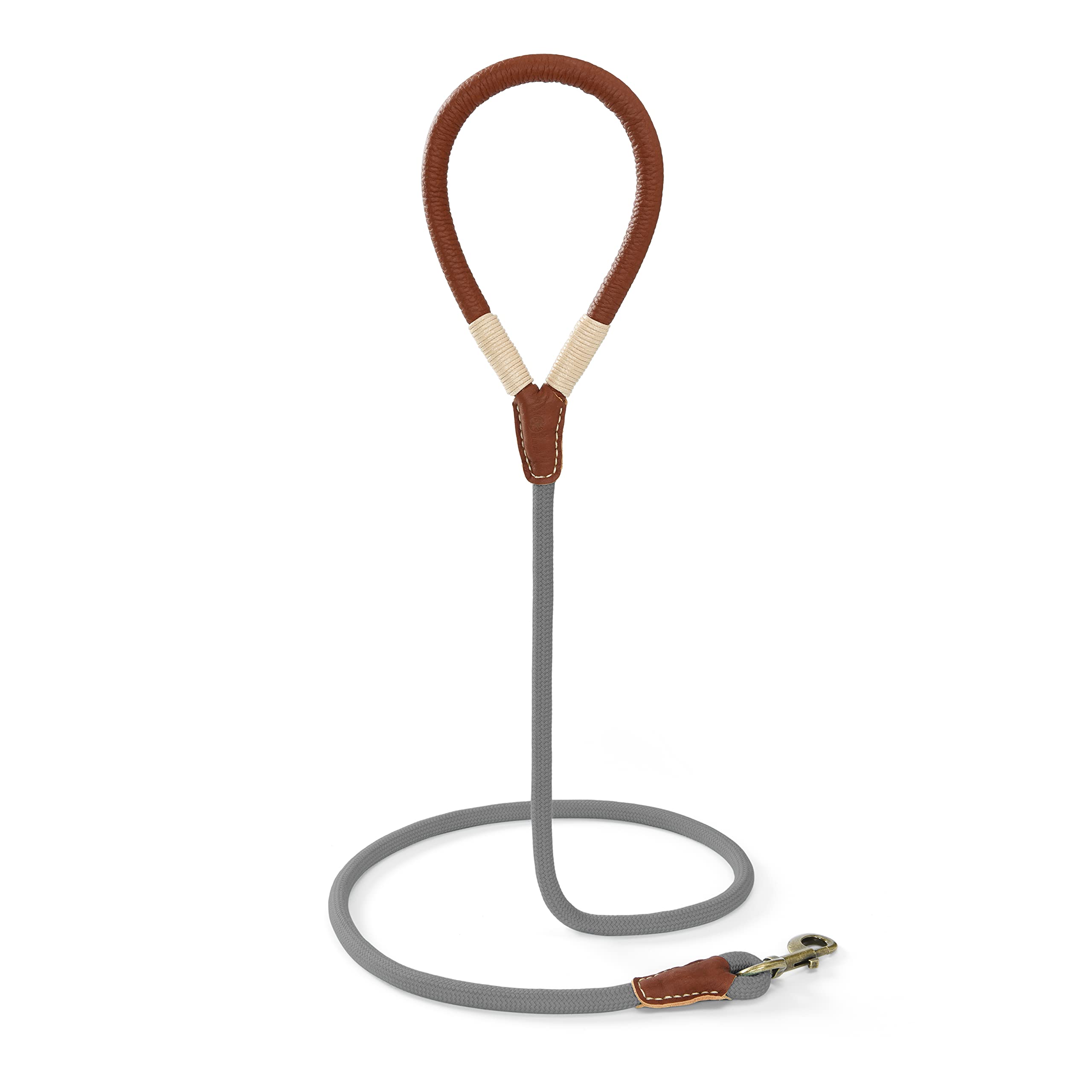 Mile High Life | Premium Leather Dog Leash | Strong Rope Dog Leash | Leather Handle | Heavy Duty Clasp | Small Medium Large Dogs | Diameter 1/2' (Grey, 6 Feet)